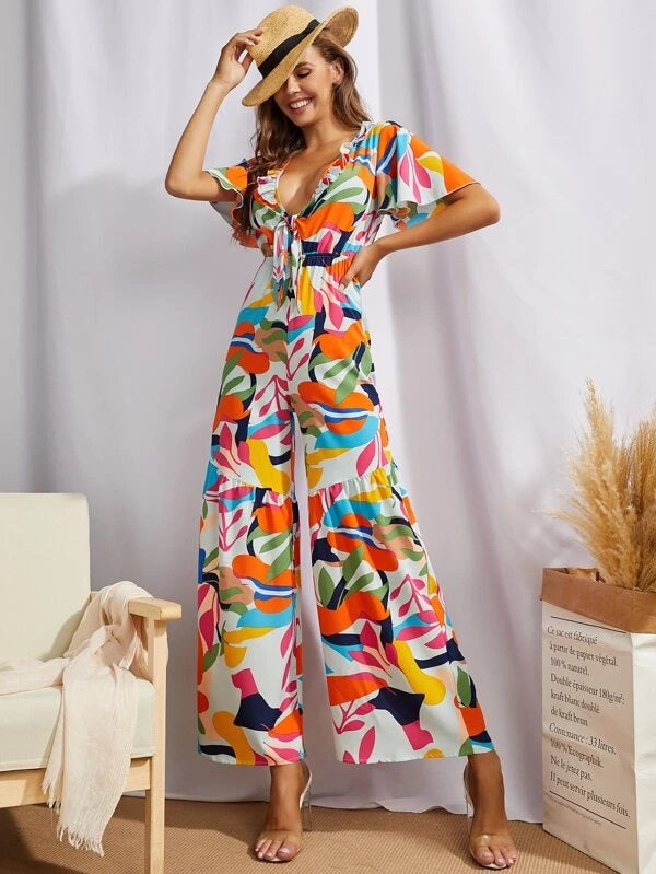 CM-JS423956 Women Trendy Bohemian Style Plunging Neck Tie Front Wide Leg Tropical Jumpsuit