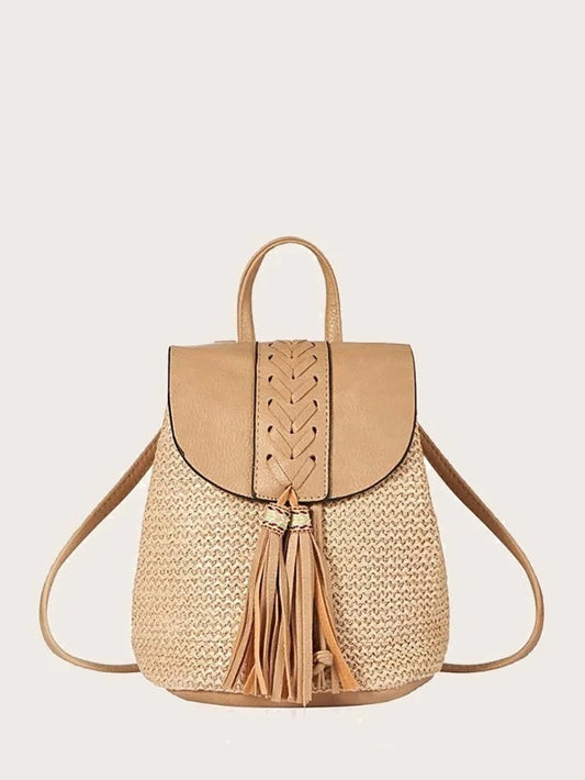 CM-BGS425245 Women Casual Seoul Style Tassel Decor Straw Flap Backpack - Khaki