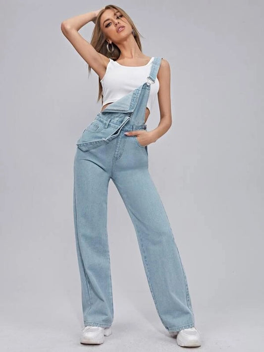 CM-JS201551 Women Preppy Seoul Style Light Wash Adjustable Strap Denim Jumpsuit