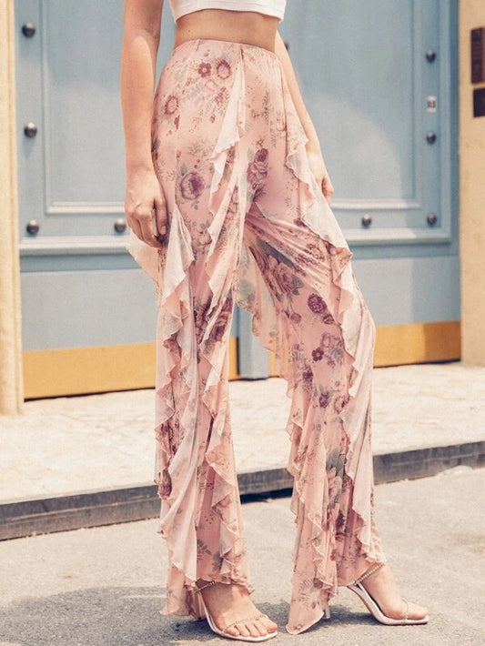 CM-BS225612 Women Trendy Bohemian Style Ruffle Trim Floral Print Pants - Pink