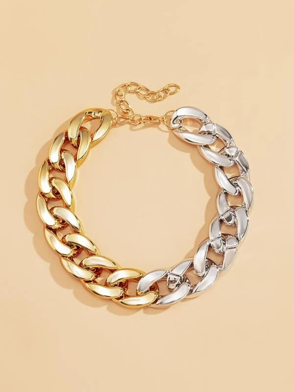 CM-AXS427428 Women Trendy Seoul Style Two Tone Chunky Chain Necklace