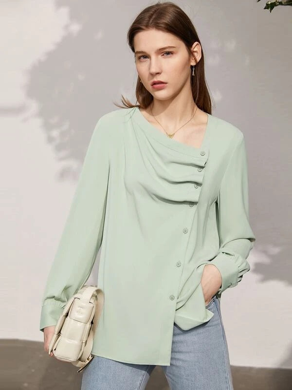 CM-TS427131 Women Elegant Seoul Style Asymmetrical Neck Fold Pleated Blouse - Mint Green