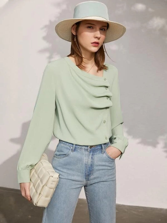 CM-TS427131 Women Elegant Seoul Style Asymmetrical Neck Fold Pleated Blouse - Mint Green