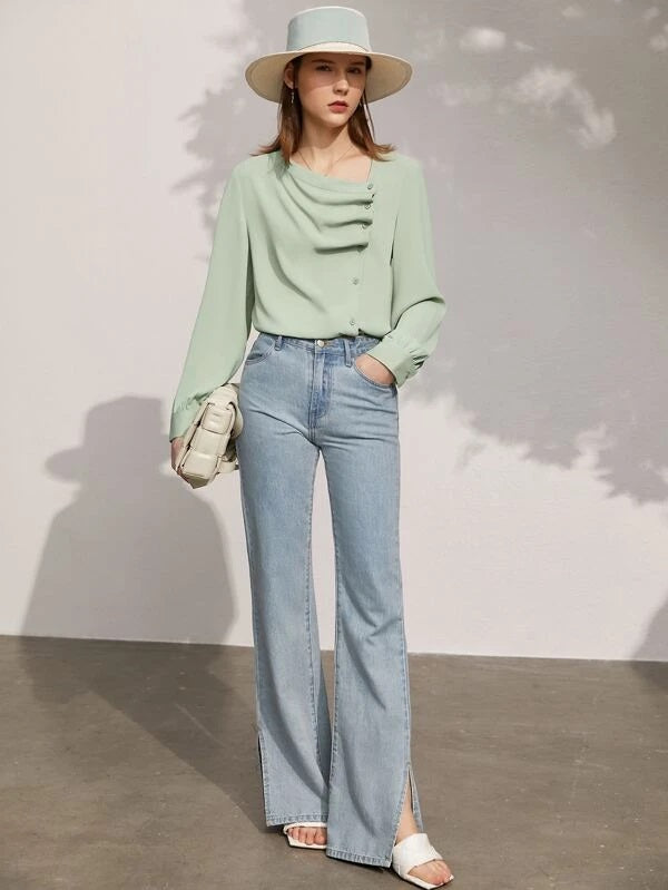 CM-TS427131 Women Elegant Seoul Style Asymmetrical Neck Fold Pleated Blouse - Mint Green