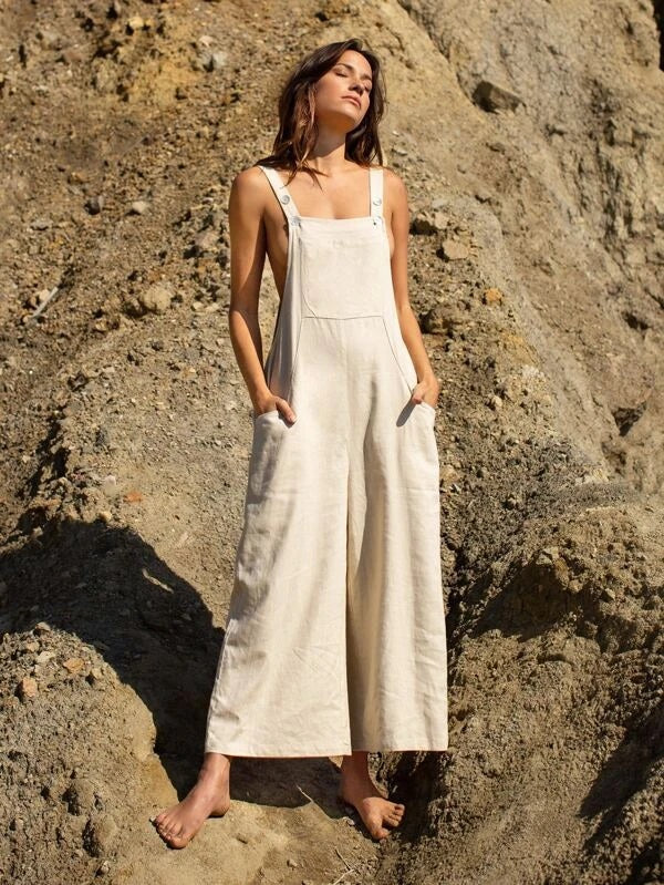 CM-JS310204 Women Casual Seoul Style Sleeveless Pocket Front Overalls - Beige