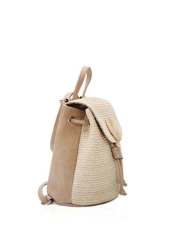 CM-BGS430367 Women Trendy Bohemian Style Straw Design Flap Backpack - Beige