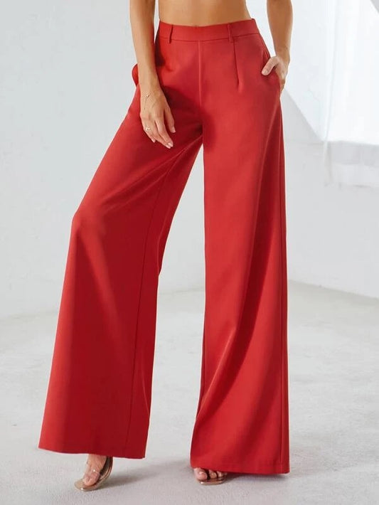 CM-BS426516 Women Elegant Seoul Style High Waist Pocket Side Wide Leg Pants - Red