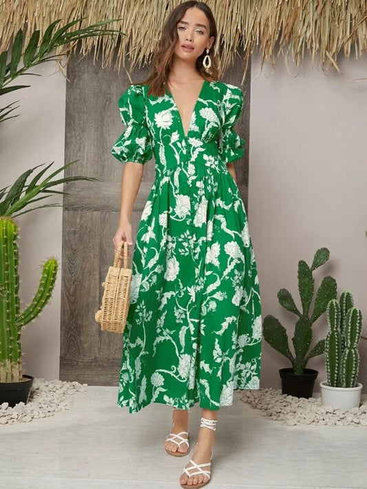 CM-ES412277 Women Trendy Bohemian Style Deep V-Neck Gathered Sleeve Button Front Floral Dress - Green