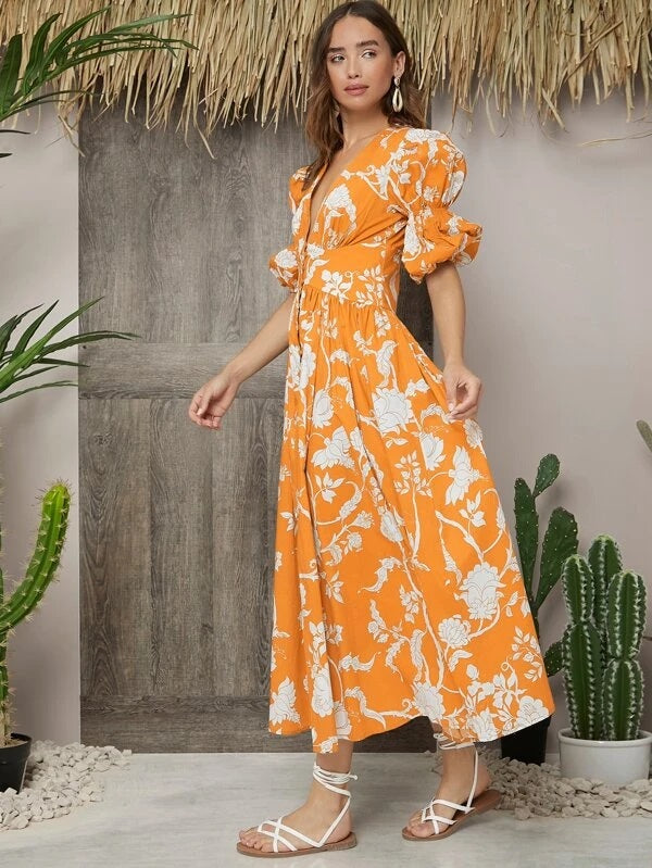 CM-ES409687 Women Trendy Bohemian Style Deep V-Neck Gathered Sleeve Button Front Floral Dress - Orange