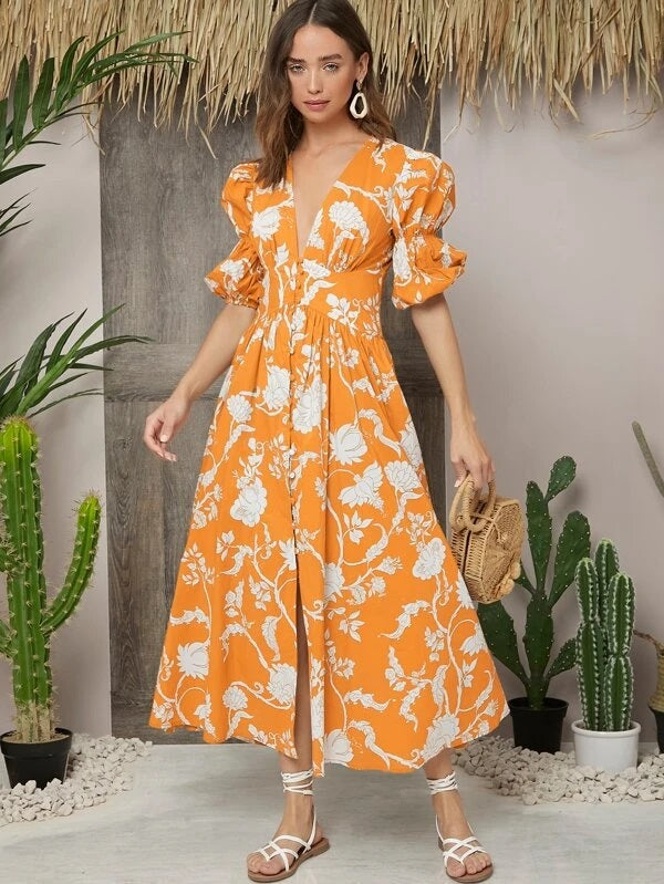 CM-ES409687 Women Trendy Bohemian Style Deep V-Neck Gathered Sleeve Button Front Floral Dress - Orange