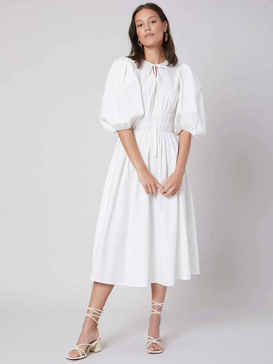 CM-ES312701 Women Elegant Seoul Style Tie Neck Half Sleeve Gathered A-Line Dress - White