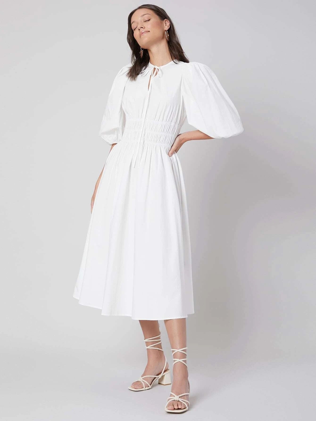 CM-ES312701 Women Elegant Seoul Style Tie Neck Half Sleeve Gathered A-Line Dress - White