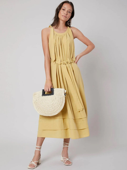 CM-ES317428 Women Elegant Seoul Style Round Neck Sleeveless Belted Cami Dress - Yellow