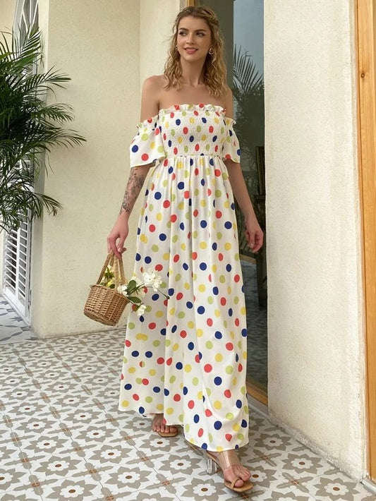 CM-ES508225 Women Trendy Bohemian Style Polka Dot Ruffle Off Shoulder Flounce Sleeve Shirred Bodice Dress