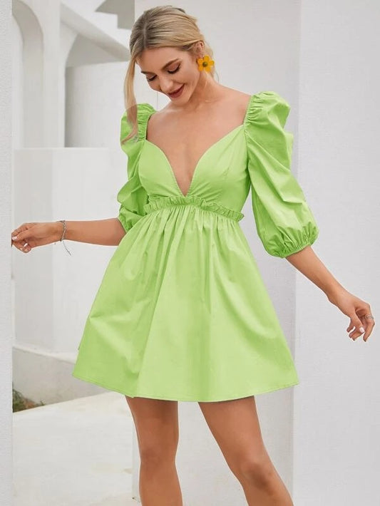 CM-DS508365 Women Elegant Seoul Style Lantern Sleeve Frill Trim Skater Dress - Lime Green