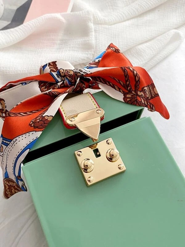 CM-BGS508310 Women Elegant Seoul Style Mini Twilly Scarf Decor Box Bag - Green