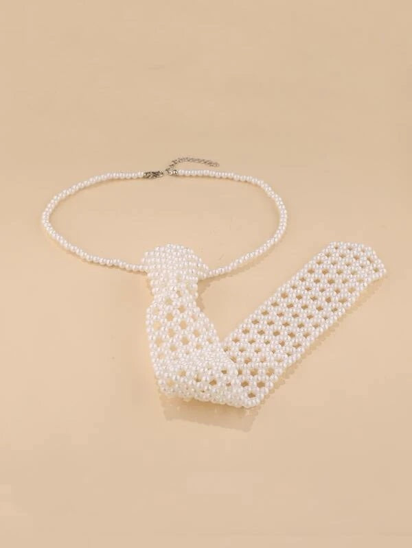 CM-AXS510812 Women Trendy Seoul Style Faux Pearl Decor Tie Design Necklace