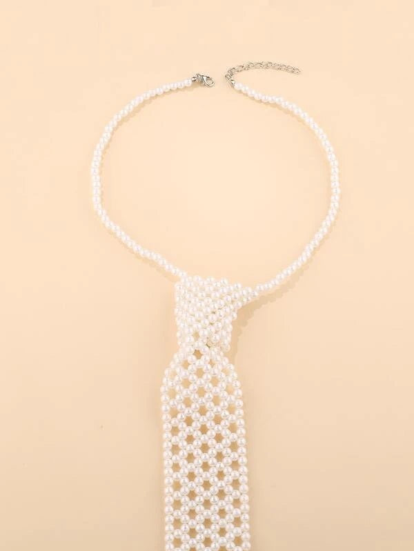 CM-AXS510812 Women Trendy Seoul Style Faux Pearl Decor Tie Design Necklace