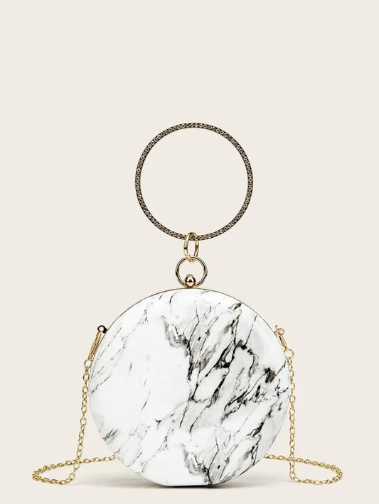 CM-BGS510440 Women Trendy Seoul Style Mini Rhinestone Decor Marble Print Circle Bag