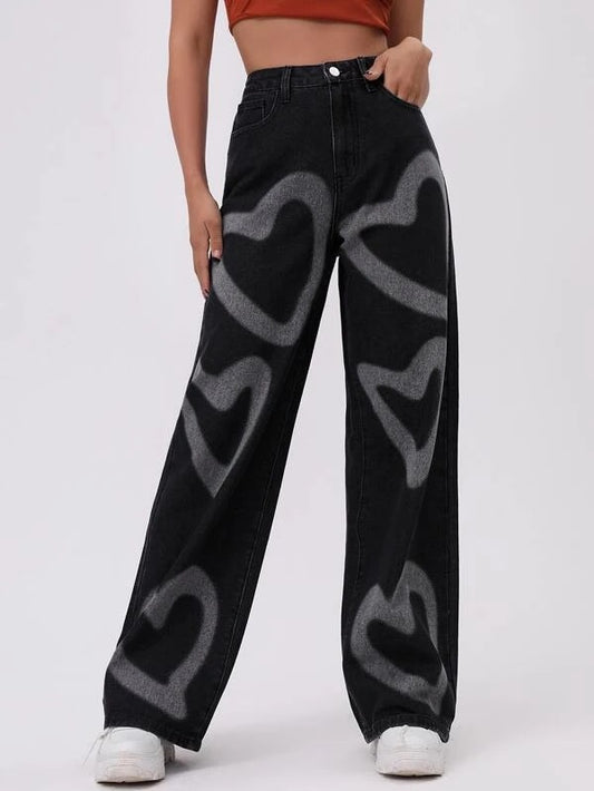 CM-BS413223 Women Casual Seoul Style High Waist Heart Print Wide Leg Jeans - Black