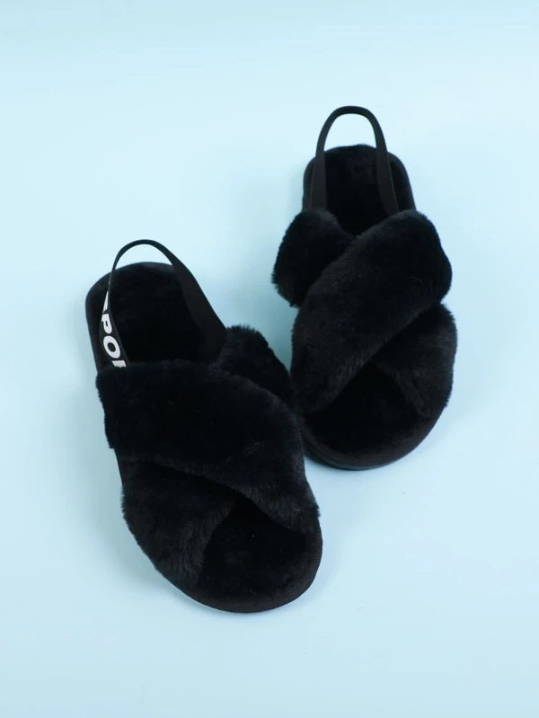 CM-SHS511735 Women Trendy Seoul Style Letter Graphic Fluffy Slippers - Black