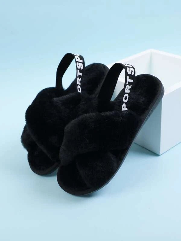 CM-SHS511735 Women Trendy Seoul Style Letter Graphic Fluffy Slippers - Black