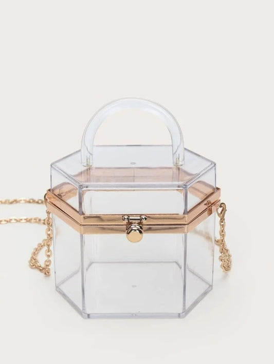 CM-BGS511767 Women Trendy Seoul Style Mini Clear Metal Lock Chain Satchel Bag