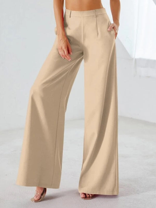 CM-BS512626 Women Elegant Seoul Style High Waist Pocket Side Wide Leg Pants - Khaki