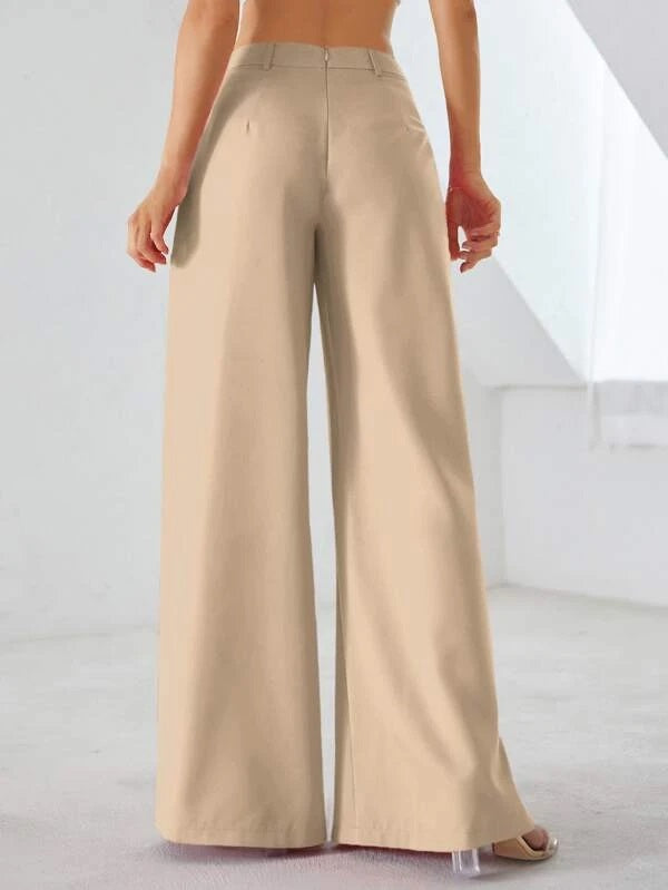 CM-BS512626 Women Elegant Seoul Style High Waist Pocket Side Wide Leg Pants - Khaki
