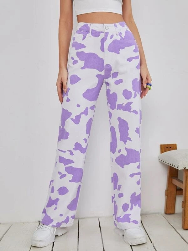 CM-BS325843 Women Casual Seoul Style High Waist Cow Print Wide Leg Jeans