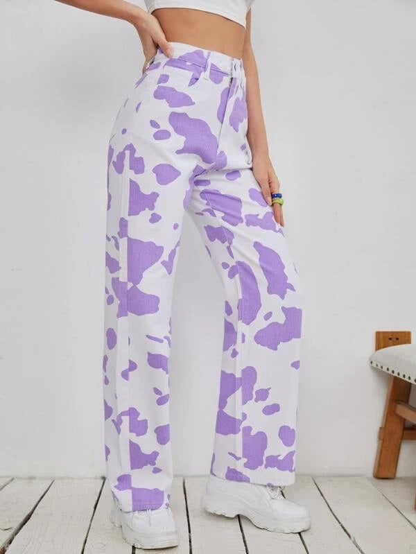 CM-BS325843 Women Casual Seoul Style High Waist Cow Print Wide Leg Jeans