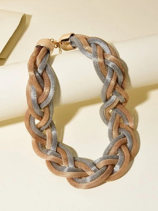 CM-AXS514063 Women Trendy Seoul Style Two Tone Braided Necklace