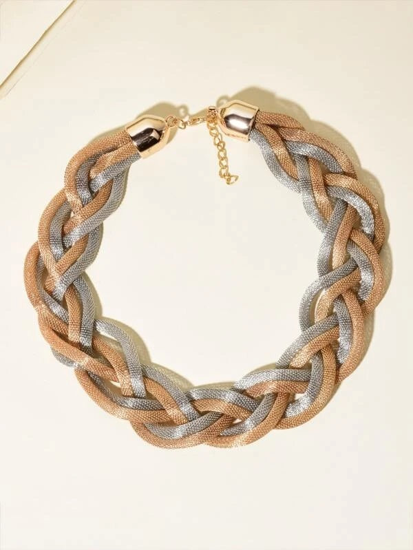 CM-AXS514063 Women Trendy Seoul Style Two Tone Braided Necklace