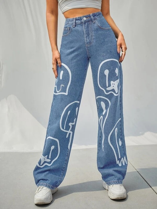 CM-BS427519 Women Casual Seoul Style Medium Wash High Waist Cartoon Graphic Wide Leg Jeans