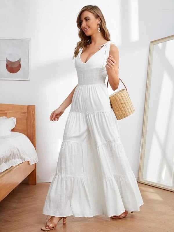 CM-JS401898 Women Trendy Bohemian Style Knot Straps Low Back Ruffle Hem Wide Leg Jumpsuit - White