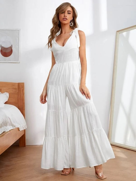 CM-JS401898 Women Trendy Bohemian Style Knot Straps Low Back Ruffle Hem Wide Leg Jumpsuit - White