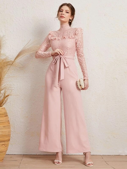 CM-JS224611 Women Elegant Seoul Style Long Sleeve Mock Neck Lace Belted Jumpsuit - Baby Pink