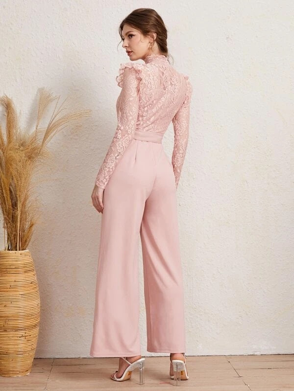 CM-JS224611 Women Elegant Seoul Style Long Sleeve Mock Neck Lace Belted Jumpsuit - Baby Pink