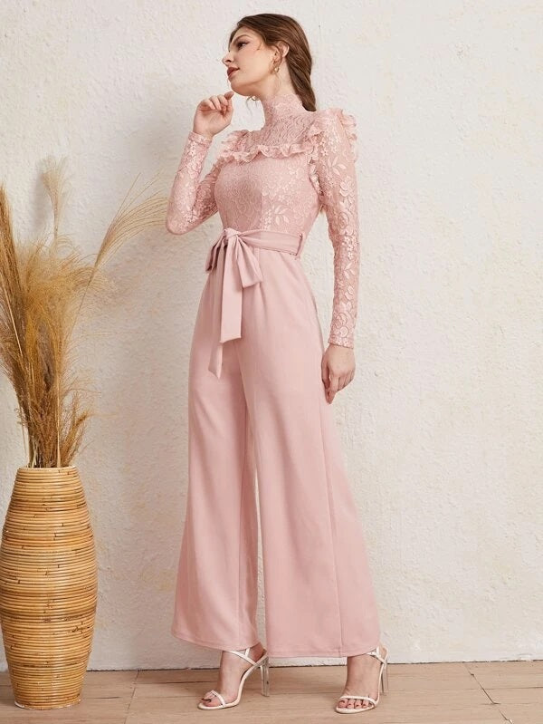CM-JS224611 Women Elegant Seoul Style Long Sleeve Mock Neck Lace Belted Jumpsuit - Baby Pink