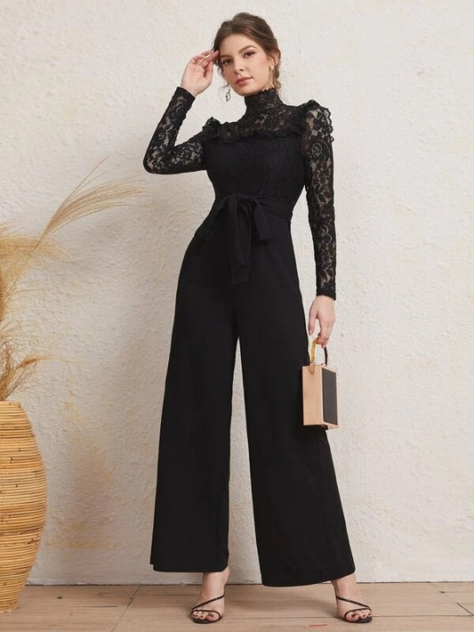 CM-JS224717 Women Elegant Seoul Style Long Sleeve Mock Neck Lace Belted Jumpsuit - Black