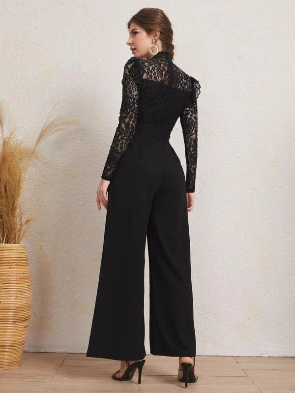 CM-JS224717 Women Elegant Seoul Style Long Sleeve Mock Neck Lace Belted Jumpsuit - Black