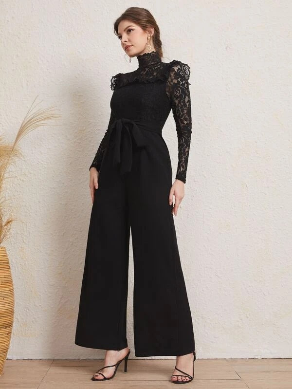 CM-JS224717 Women Elegant Seoul Style Long Sleeve Mock Neck Lace Belted Jumpsuit - Black