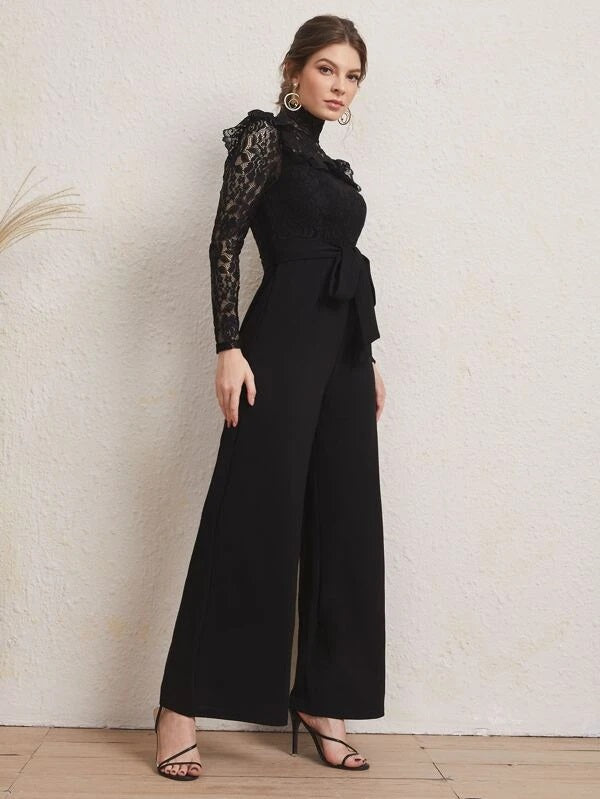 CM-JS224717 Women Elegant Seoul Style Long Sleeve Mock Neck Lace Belted Jumpsuit - Black