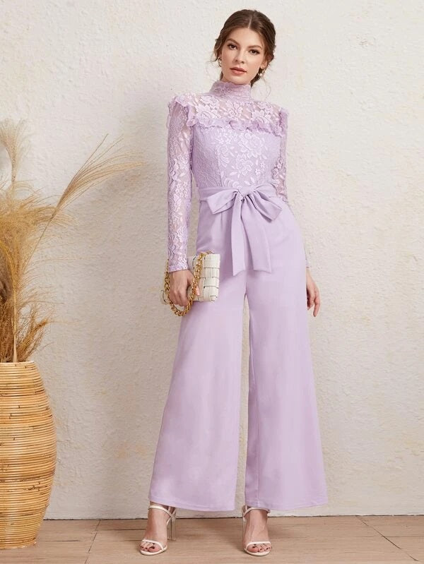 CM-JS224943 Women Elegant Seoul Style Long Sleeve Mock Neck Lace Belted Jumpsuit - Purple