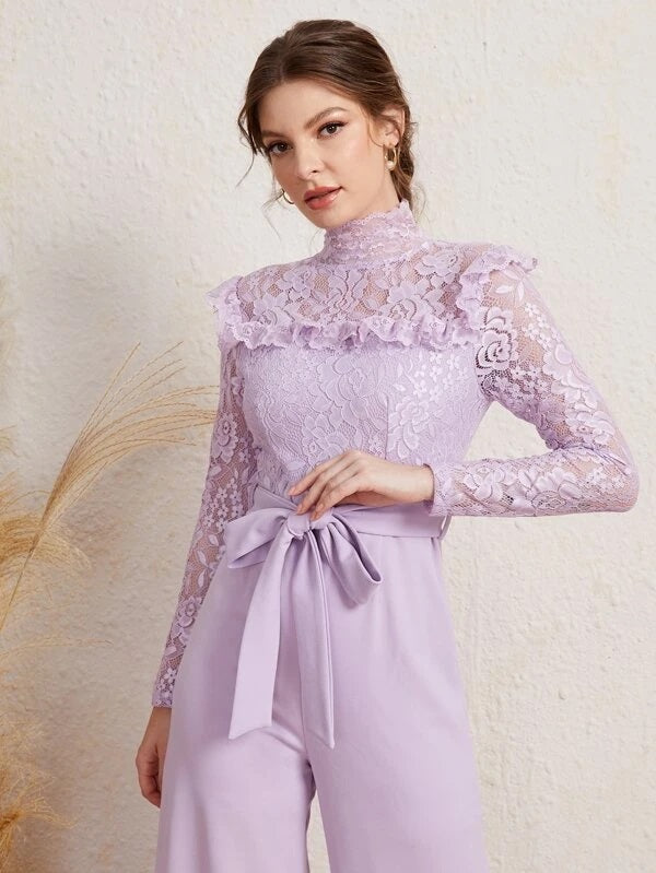 CM-JS224943 Women Elegant Seoul Style Long Sleeve Mock Neck Lace Belted Jumpsuit - Purple