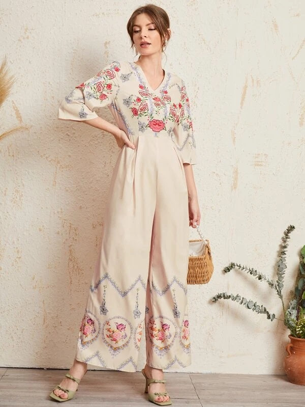 CM-JS513361 Women Elegant Seoul Style V-Neck 3/4 Sleeve Floral Print Loose Jumpsuit