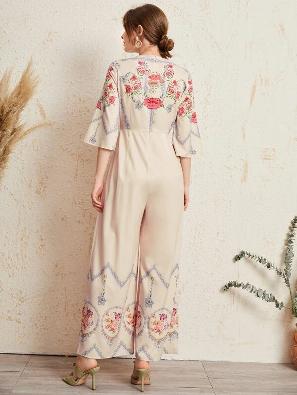 CM-JS513361 Women Elegant Seoul Style V-Neck 3/4 Sleeve Floral Print Loose Jumpsuit