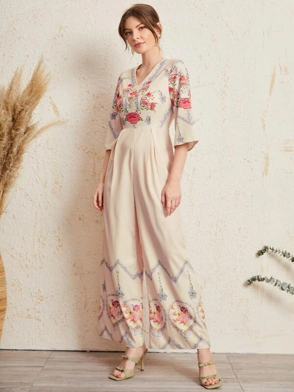 CM-JS513361 Women Elegant Seoul Style V-Neck 3/4 Sleeve Floral Print Loose Jumpsuit