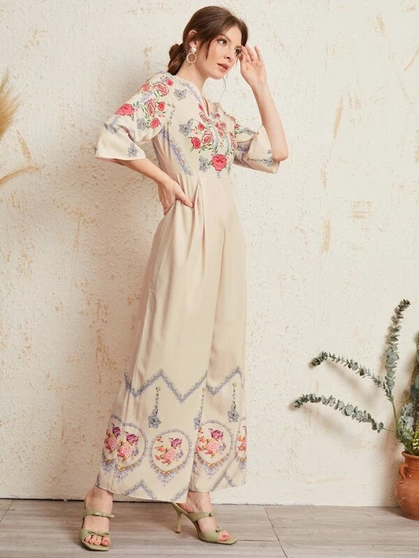 CM-JS513361 Women Elegant Seoul Style V-Neck 3/4 Sleeve Floral Print Loose Jumpsuit