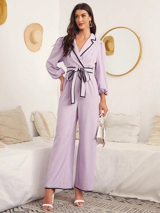 CM-JS429681 Women Elegant Seoul Style Contrast Binding Self Belted Shirt Jumpsuit - Purple